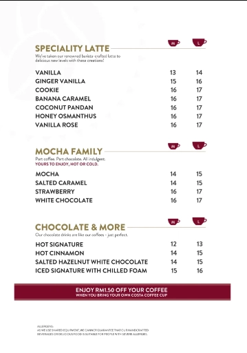  COSTA COFFEE SPECIALITY LATTE,  MOCHA FAMILY & CHOCOLATE & MORE MENU PRICES MALAYSIA