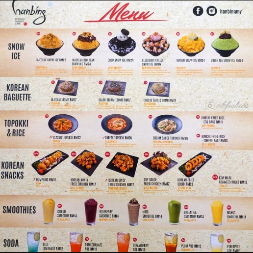 Hanbing Korean Dessert Cafe Menu Malaysia