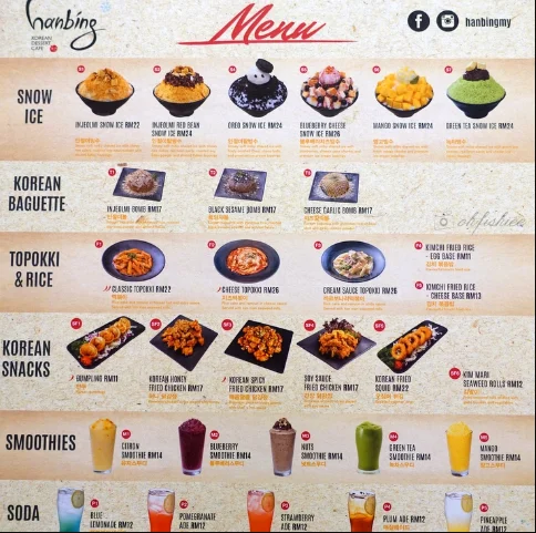 Hanbing Korean Dessert Cafe Menu Malaysia