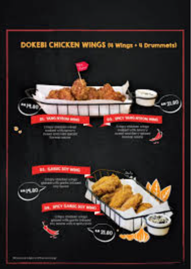 MENU DOKEBI CHICKEN WINGS PRICES MALAYSIA