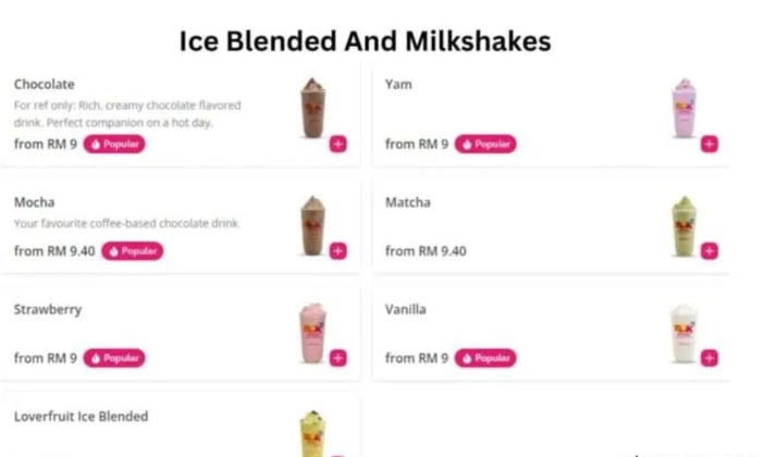 MENU MOK CORNER ICE BLENDED & MILK SHAKES PRICES MALAYSIA