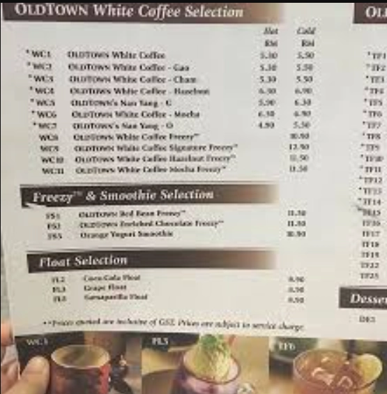 OLDTOWN WHITE COFFEE LIGHT BITES MENU WITH PRICES MALAYSIA