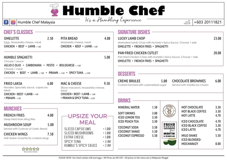 Humble Chef Menu Malaysia With Latest Prices 2024